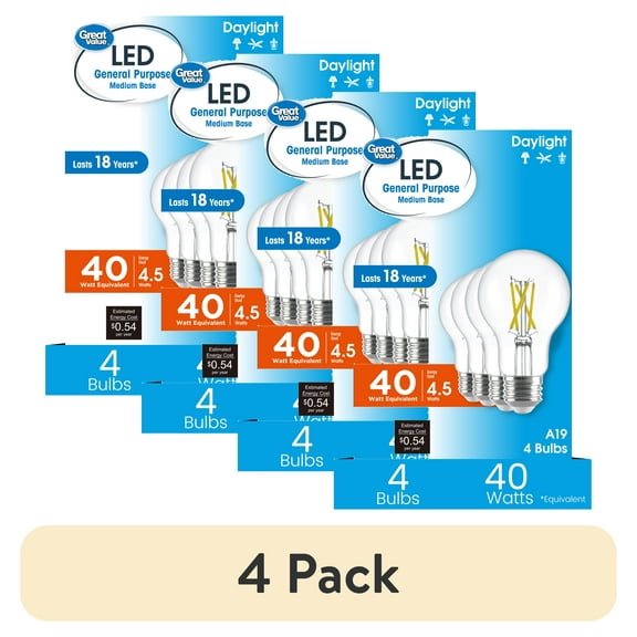 (4 pack) Great Value 18YR A19 LED Light Bulb, 4.5W (40W Equivalent) Dimmable Daylight E26 Medium Base (4 Pack)