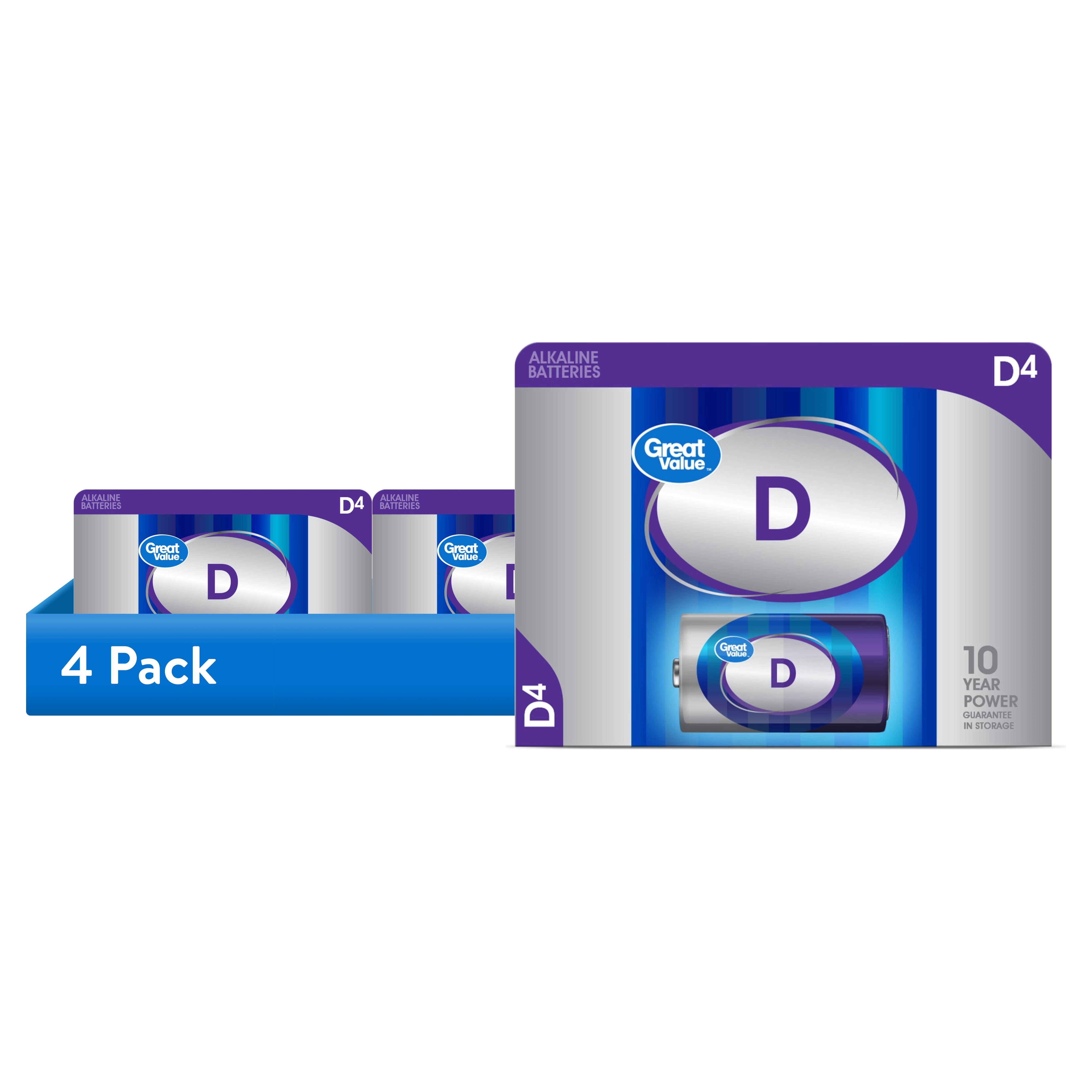 (4 pack) Great Value Alkaline D Batteries, 4 Count (Plastic Free Packaging)