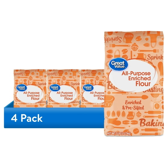 (4 pack) Great Value All-Purpose Unbleached Wheat Flour, 5 lb Bag