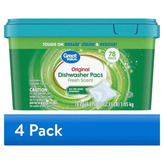 (4 pack) Great Value Automatic Dishwasher Pacs, Fresh Scent, 78 Count