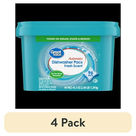 (4 pack) Great Value Automatic Dishwasher Pacs, Fresh Scent, 45.5 oz, 96 Count