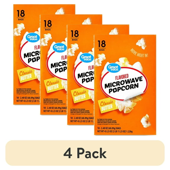 (4 pack) Great Value Classic Butter Flavored Microwave Popcorn, 2.4 oz, 18 Count