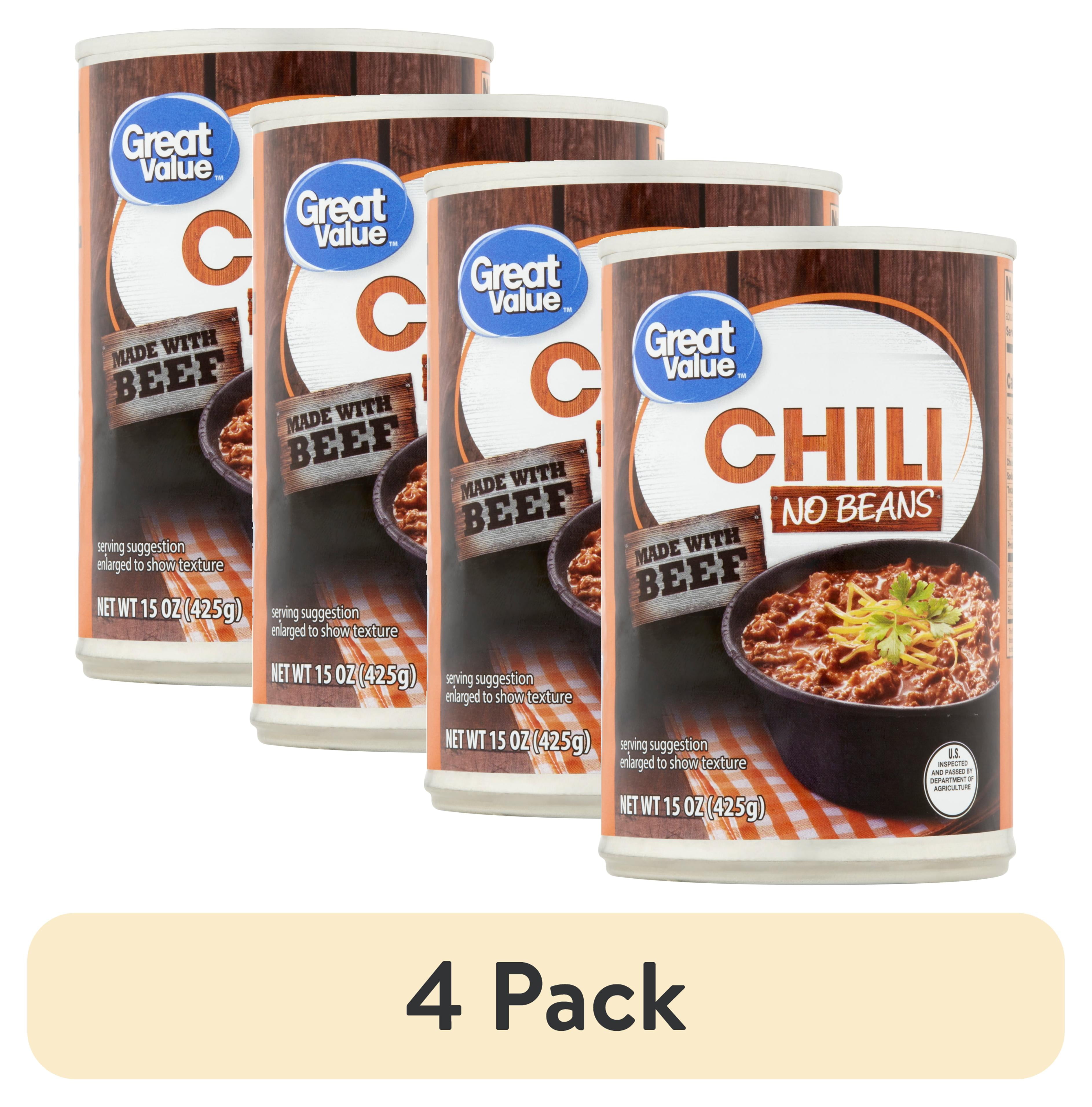 (4 pack) Great Value Chili No Beans, 15 oz, Canned Packaged Meal