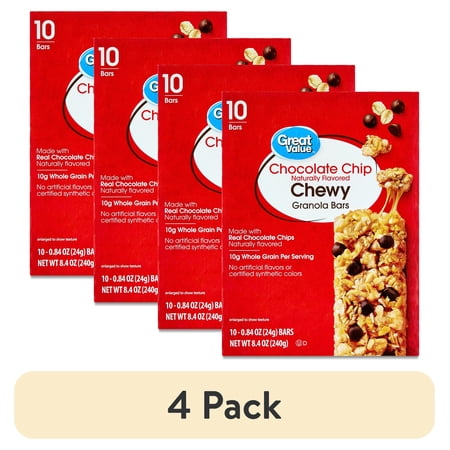 (4 pack) Great Value Chocolate Chip Chewy Granola Bars, 0.84 oz, 10 Count