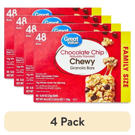 (4 pack) Great Value Chocolate Chip Chewy Granola Bars, Family Size, 0.84 oz Paper Box, 48 Count