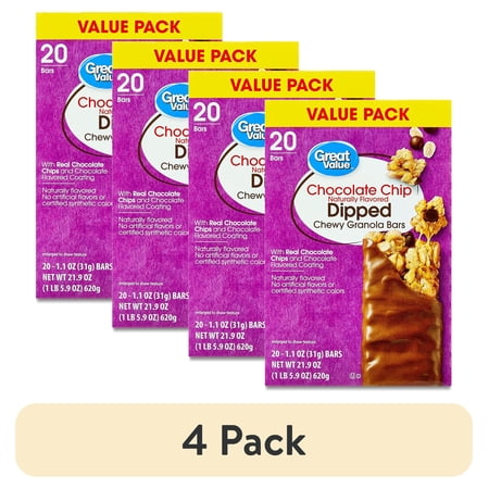 (4 pack) Great Value Chocolate Chip Dipped Chewy Granola Bars, 1.1 oz Paper Box, 20 Count