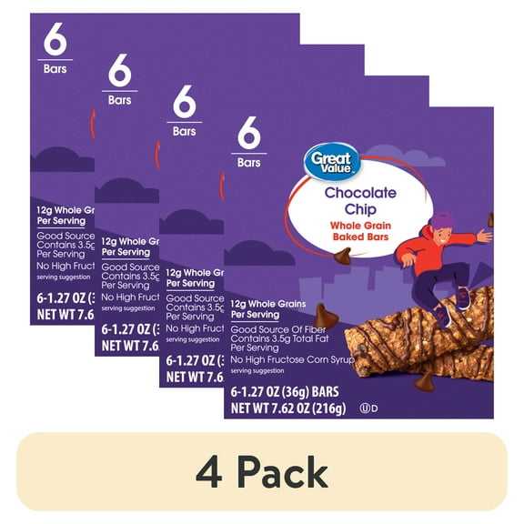 (4 pack) Great Value Chocolate Chip Whole Grain Baked Bars, 1.27 oz, 6 Count