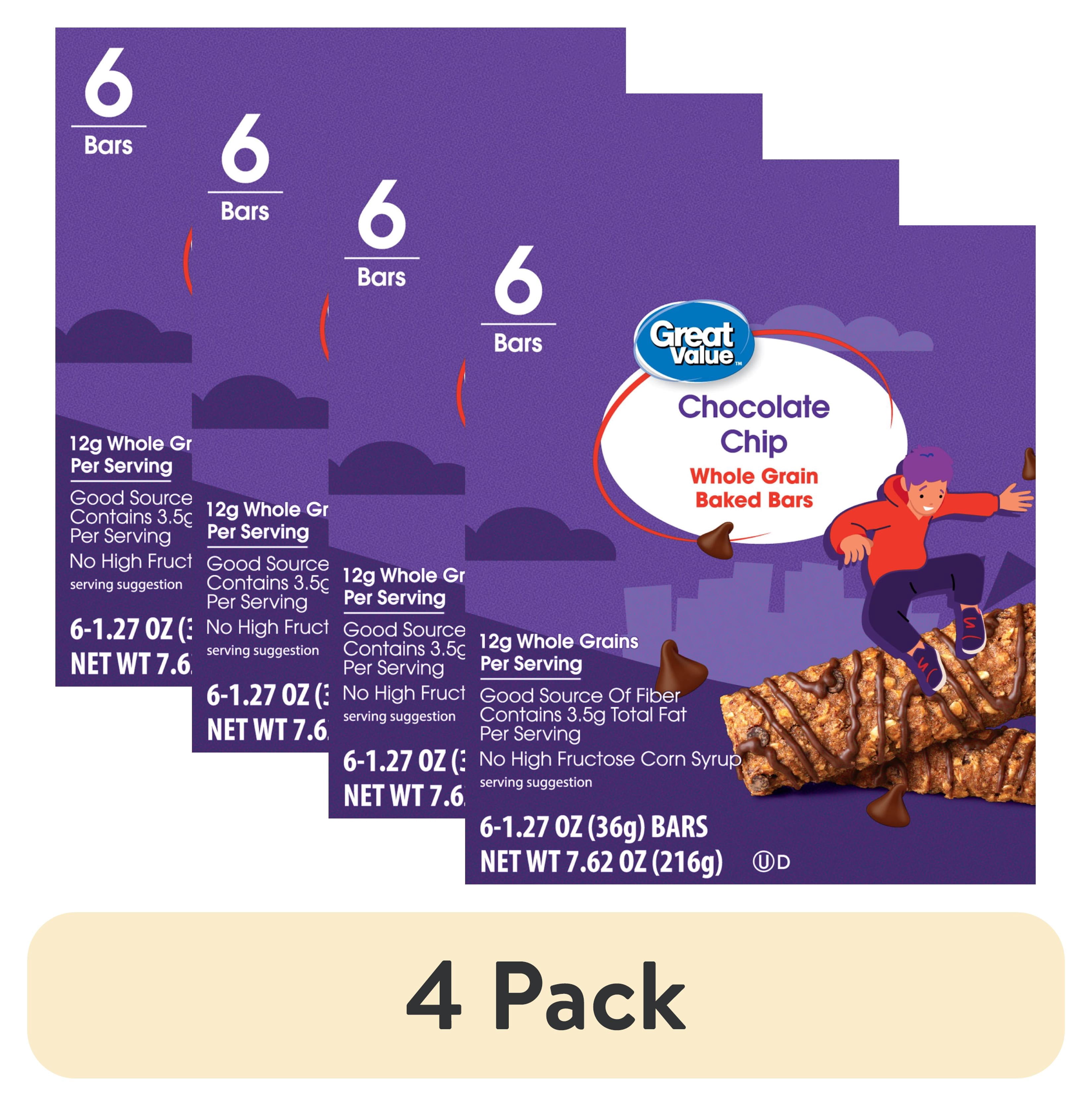 (4 pack) Great Value Chocolate Chip Whole Grain Baked Bars, 1.27 oz, 6 Count