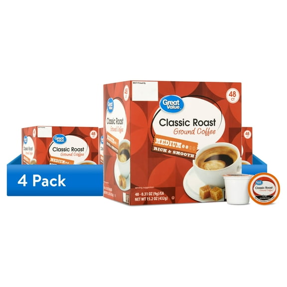 (4 pack) Great Value Classic Roast Ground Coffee Pods, 48 Count