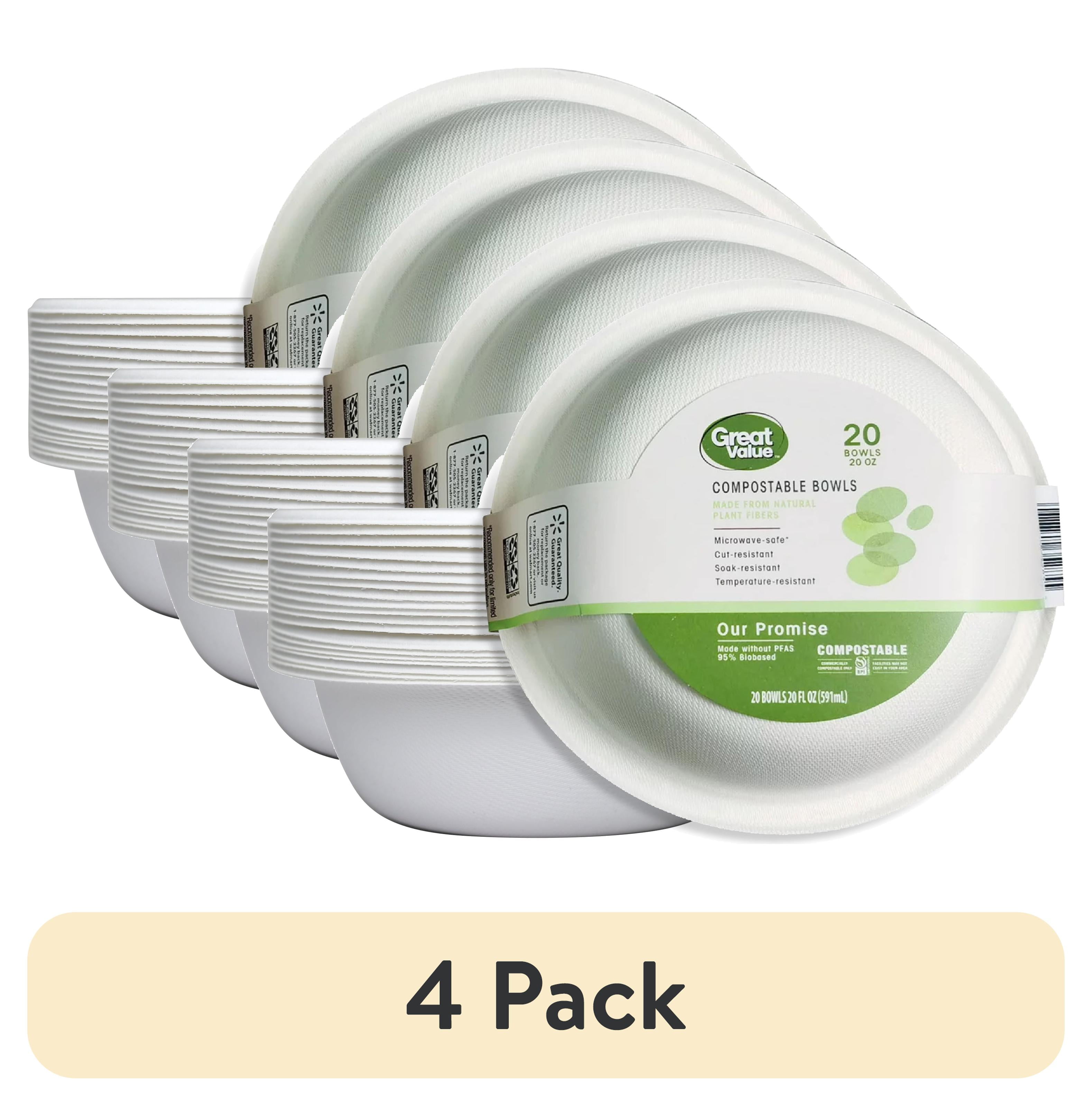 (4 pack) Great Value Compostable, Microwave Safe, Cut Resistant, Soak Resistant, Temperature Resistant, Disposable Paper Bowls, 20 oz, White, 20 Count