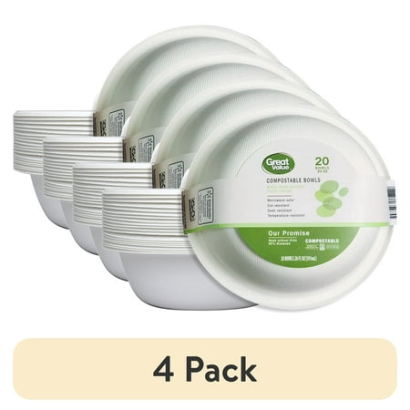 (4 pack) Great Value Compostable, Microwave Safe, Cut Resistant, Soak Resistant, Temperature Resistant, Disposable Paper Bowls, 20 oz, White, 20 Count