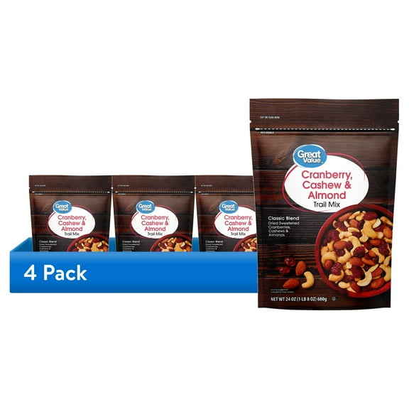 (4 pack) Great Value Cranberry Cashew & Almond Trail Mix, 24 oz