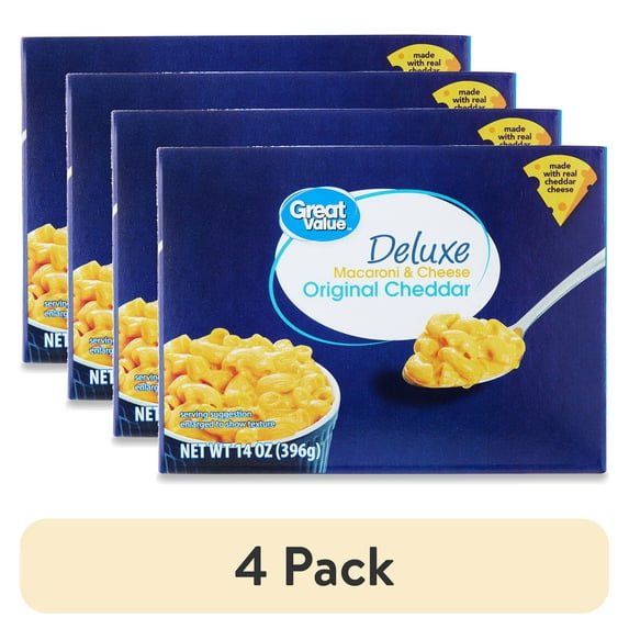 (4 pack) Great Value Deluxe Original Cheddar Macaroni & Cheese, 14 oz (Shelf Stable Packaged Meal)