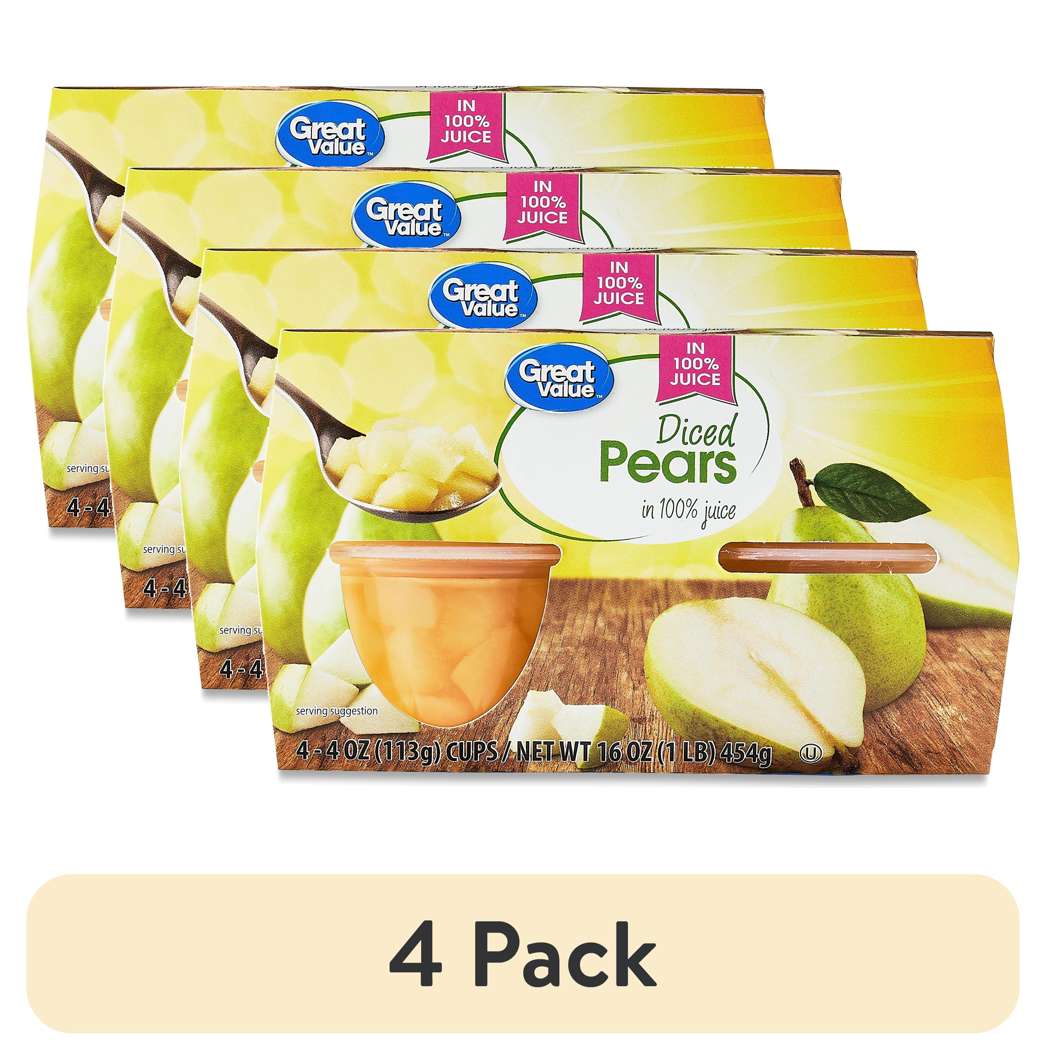 (4 pack) Great Value Diced Pears Fruit Cups in Juice, 4 oz, 4 Count