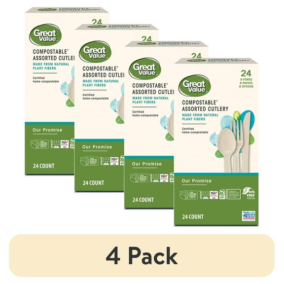 (4 pack) Great Value Disposable Compostable Assorted Cutlery, Beige, 24 Count includes 8F/8S/8K