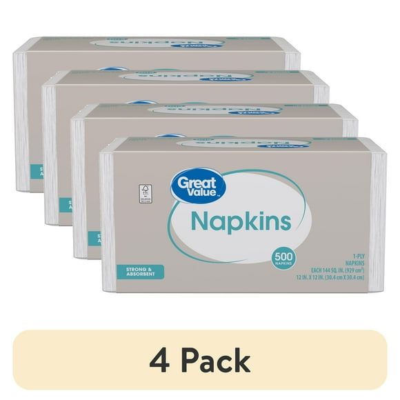 (4 pack) Great Value 12" x 12" White Disposable Paper Napkins, 500 Count