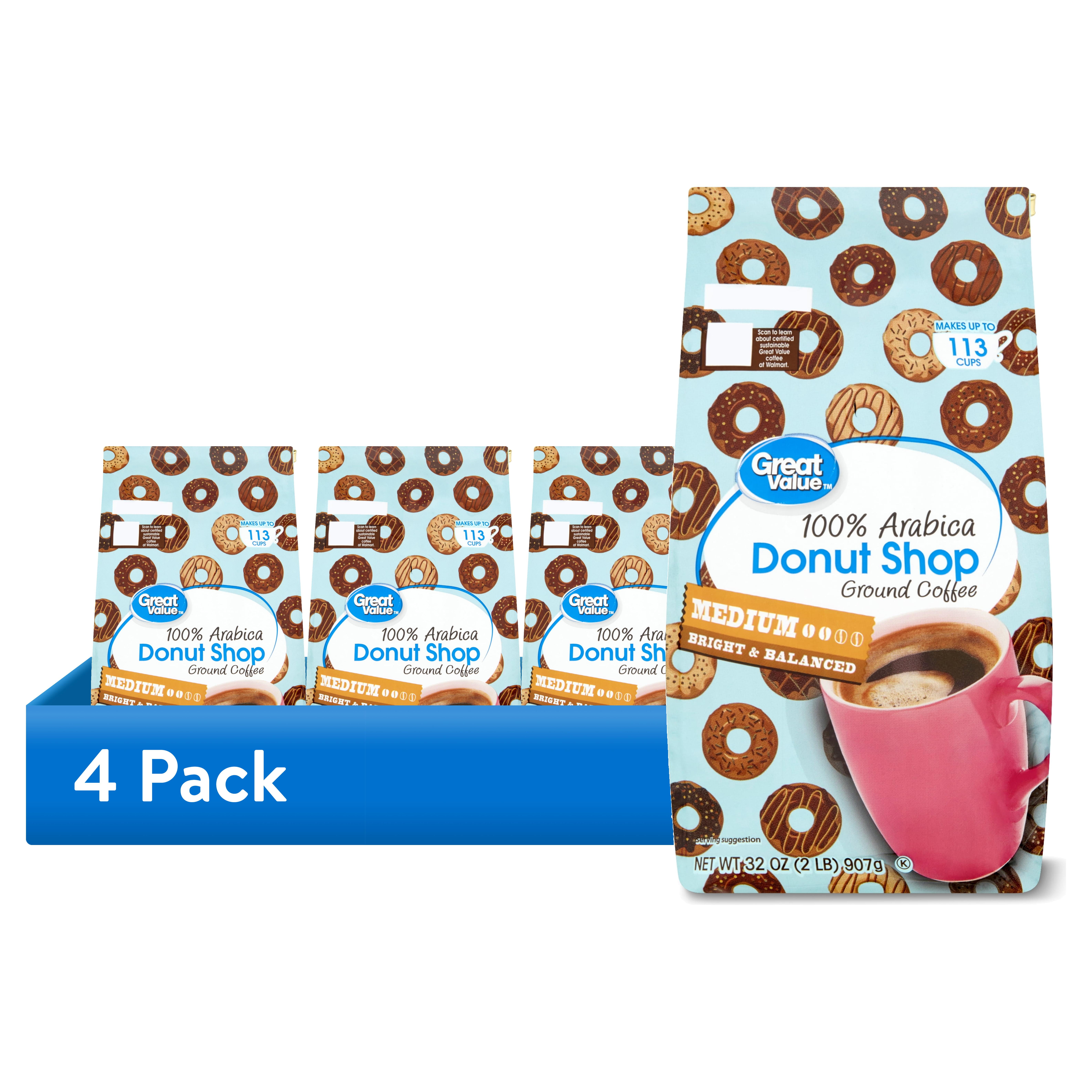 (4 pack) Great Value Donut Shop, 100% Arabica, Medium Roast, Ground Coffee, 32 oz