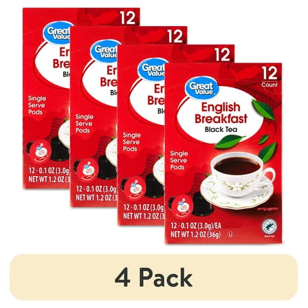 (4 pack) Great Value English Breakfast Black Tea Single Serve Pods, 1.2 oz, 12 Count