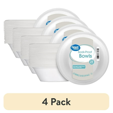 (4 pack) Great Value Everyday Disposable Foam Bowls, 20 oz, 25 Count