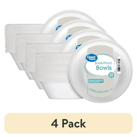 (4 pack) Great Value Everyday Disposable Foam Bowls, 20 oz, 25 Count