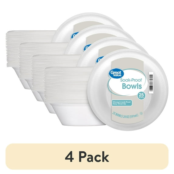 (4 pack) Great Value Everyday Disposable Foam Bowls, 20 oz, 25 Count