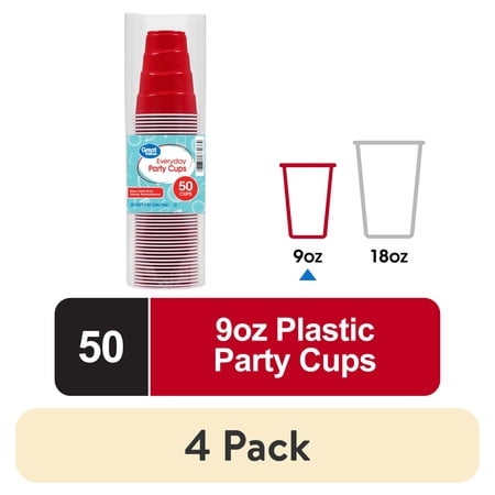 (4 pack) Great Value Disposable Plastic Party Cups, Red, 9 oz, 50 Count