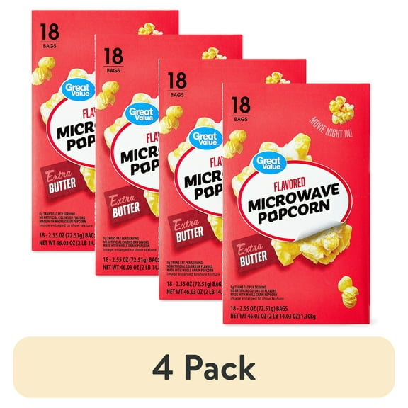 (4 pack) Great Value Extra Butter Flavored Microwave Popcorn, 2.55 oz, 18 Count