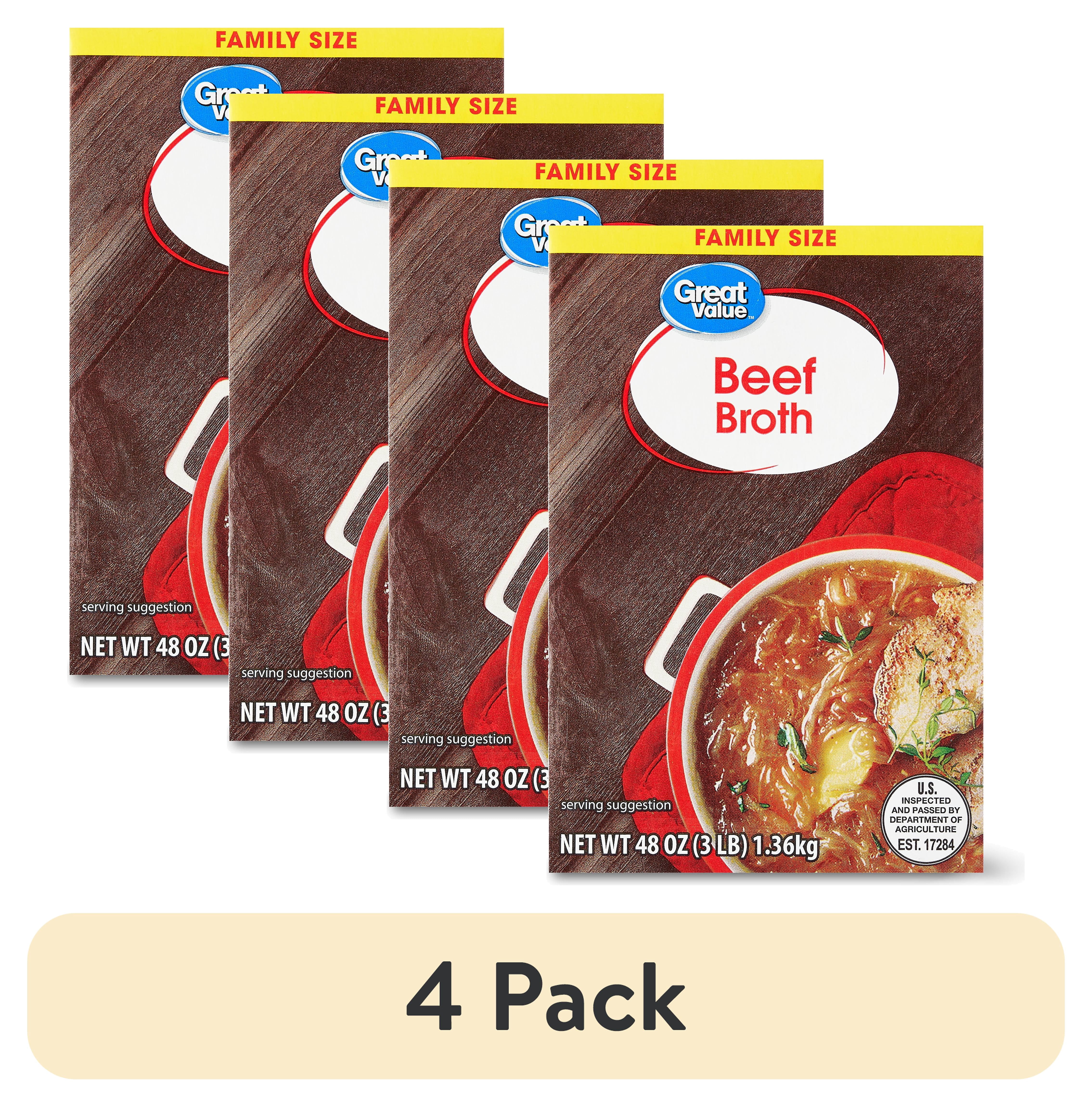 (4 pack) Great Value Family Size Beef Broth, 48 oz Carton, No Allergens