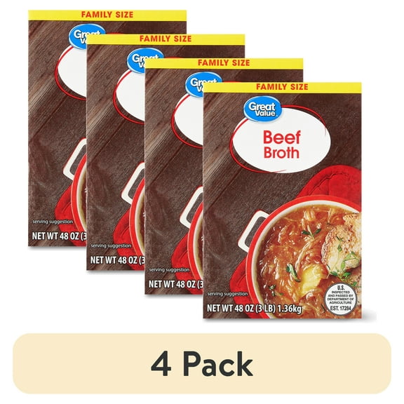 (4 pack) Great Value Family Size Beef Broth, New 48 oz Carton