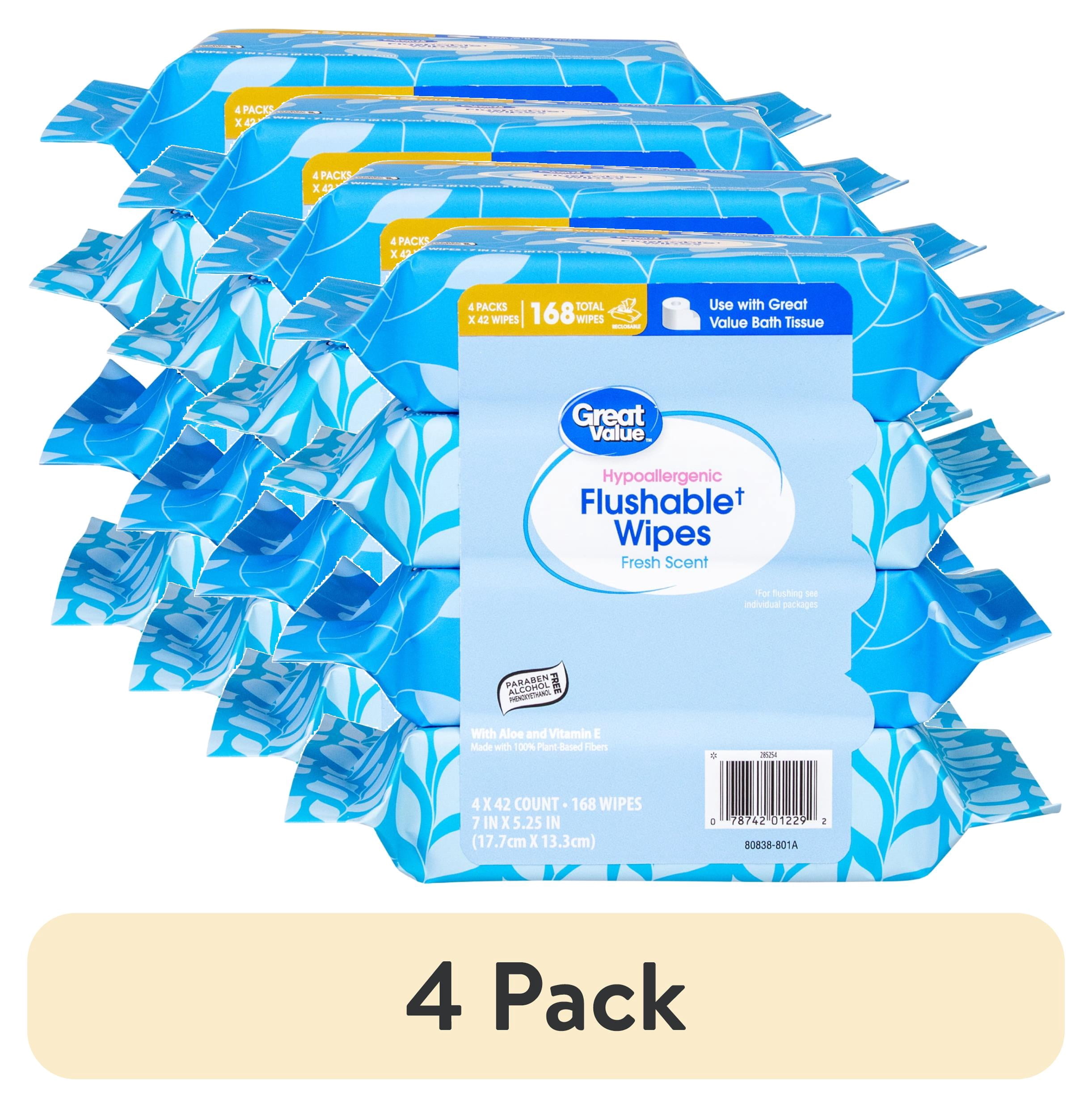 (4 pack) Great Value Flushable Wet Wipes, Fresh Scent, 4 Packs of 42 Wipes, 168 Total Wipes