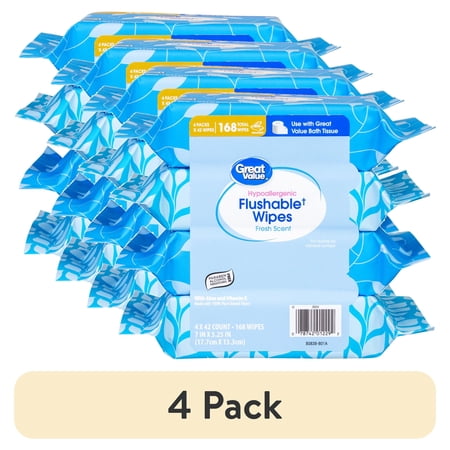 (4 pack) Great Value Flushable Wet Wipes, Fresh Scent, 4 Packs of 42 Wipes, 168 Total Wipes