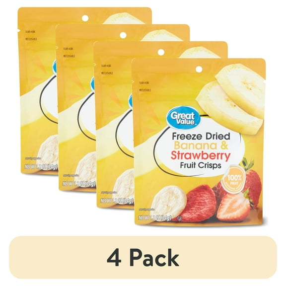 (4 pack) Great Value Freeze Dried Banana & Strawberry Fruit Crisps, 1.3 oz.