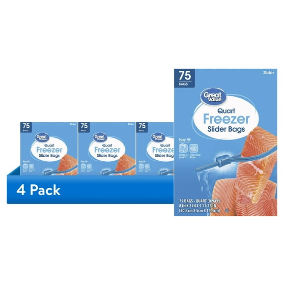 (4 pack) Great Value Freezer Guard Slider Zipper Bags, Quart Freezer, 75 Count