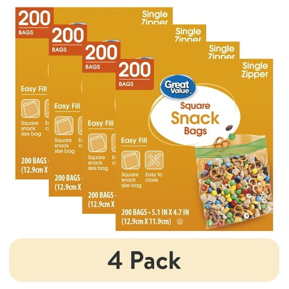 (4 pack) Great Value Fresh Seal Zipper Square Snack Bags, 200 Count