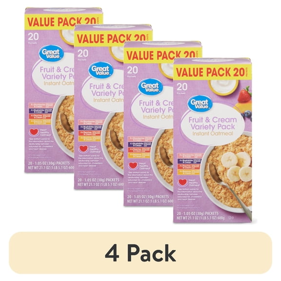 (4 pack) Great Value Fruit & Cream Instant Oatmeal Variety Pack, 1.05 oz, 20 Count
