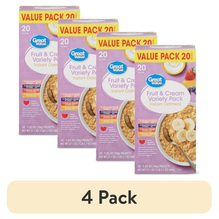 (4 pack) Great Value Fruit & Cream Variety Instant Oatmeal Value Pack, 1.05 oz, 20 Count