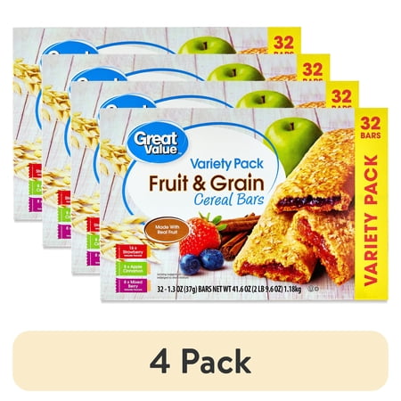(4 pack) Great Value Fruit & Grain Cereal Bars, Variety Pack, 1.3 oz, 32 Count
