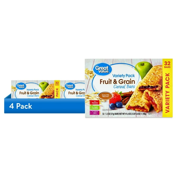 (4 pack) Great Value Fruit & Grain Cereal Bars, Variety Pack, 1.3 oz, 32 Count
