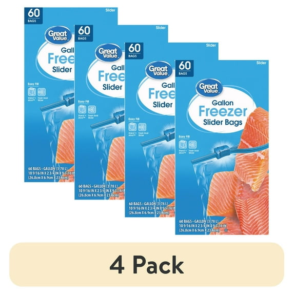 (4 pack) Great Value Gallon Freezer Guard Slider Zipper Bags, 60 Count