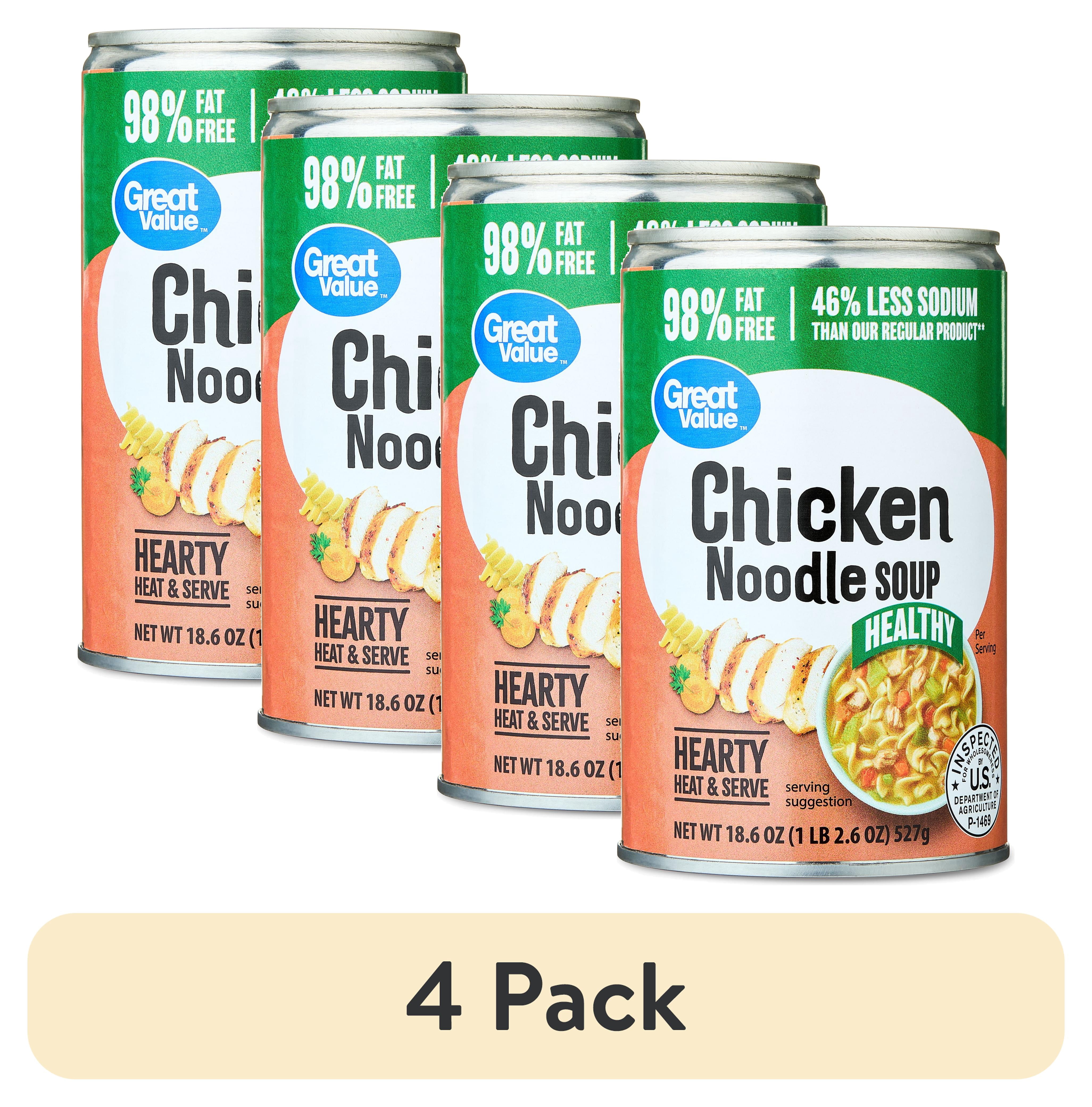 (4 pack) Great Value Heart Healthy 98% Fat Free and 46% Reduced Sodium Chicken Noodle Soup, 18.6 oz Can
