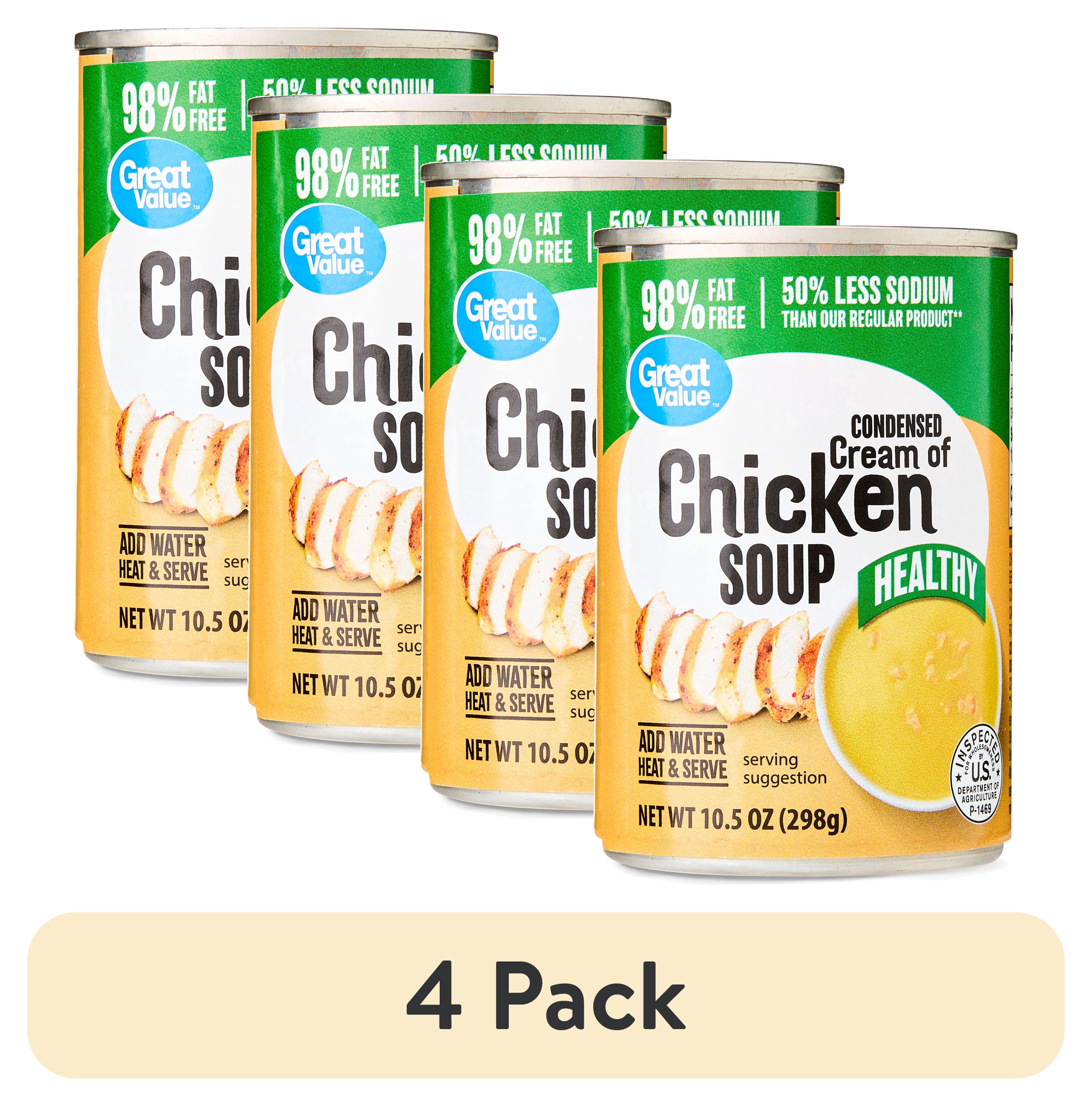 (4 pack) Great Value 98% Fat Free and 50% Less Sodium Cream of Chicken Condensed Soup, 10.5 oz