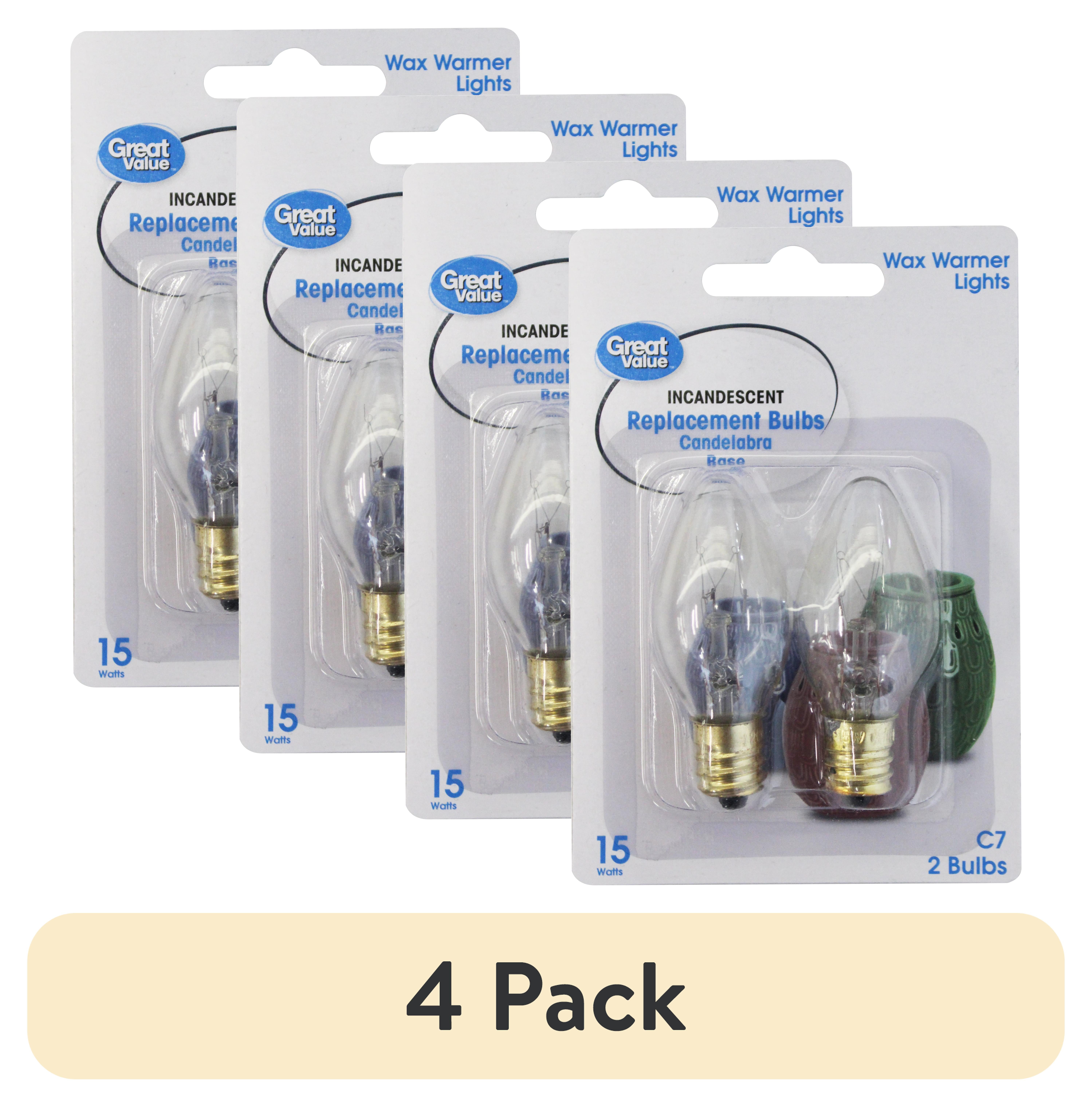 (4 pack) Great Value Incandescent C7 Replacement Bulb, 15 Watt, E12 Candelabra, 2 PK