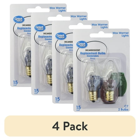 (4 pack) Great Value Incandescent C7 Replacement Bulb, 15 Watt, E12 Candelabra, 2 PK