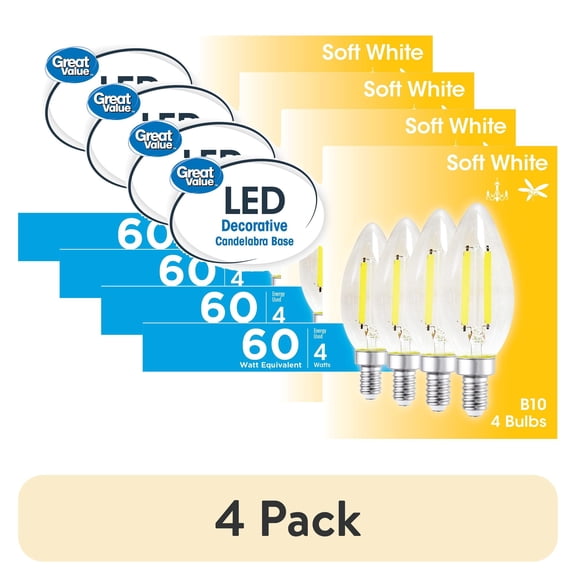 (4 pack) Great Value LED, 4W (60W Eqv) B10 Deco Lamp E12 Candelabra Base, Dimmable, Soft White, 4pk