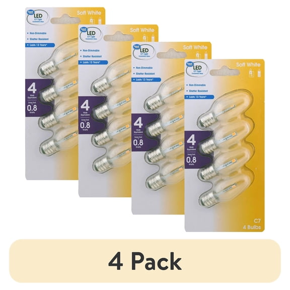 (4 pack) Great Value C7 LED Deco Light Bulbs, 0.8W (4W Equivalent) Soft White E12 Candelabra Base, 4 Pack