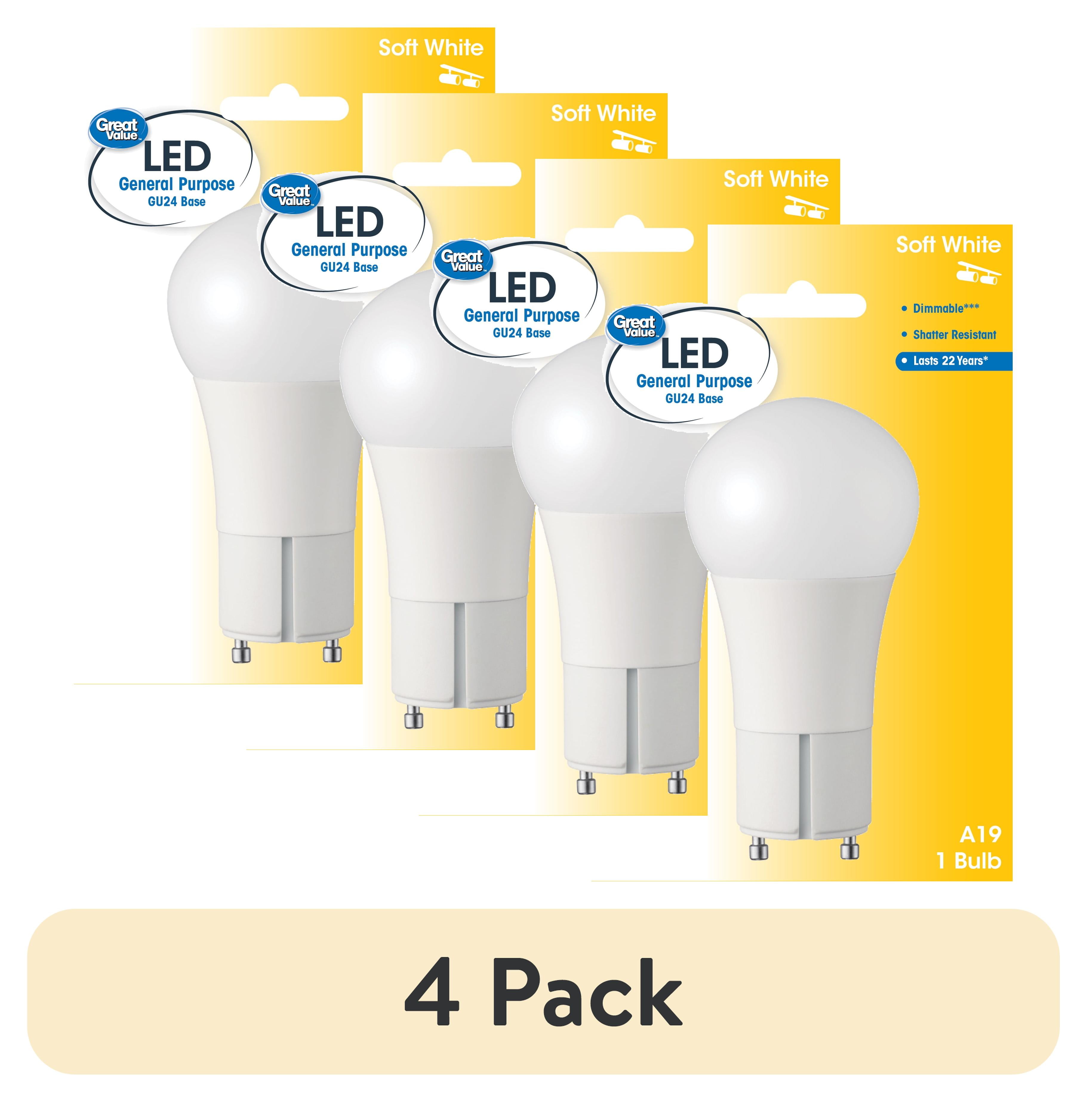 (4 pack) Great Value LED Light Bulb, 10 Watts (60W Equivalent) A19 General Purpose Lamp GU24 Base, Dimmable, Soft White, 1-Pack
