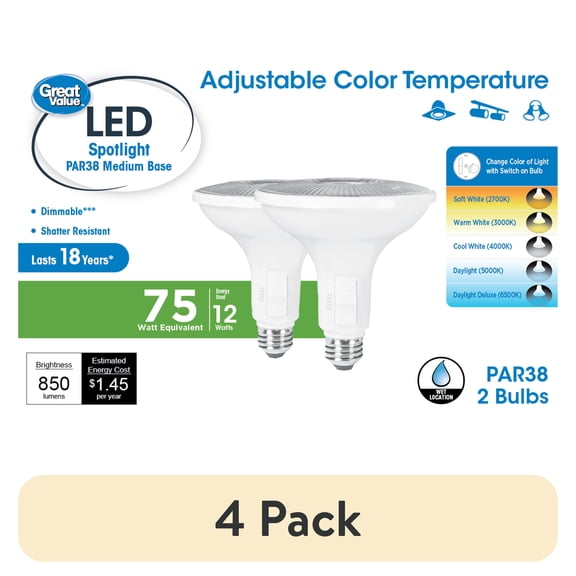(4 pack) Great Value LED Light Bulb, 11 Watts (75W Equivalent) PAR38 Floodlight Lamp E26 Medium Base, Dimmable, CCT, 2-Pack