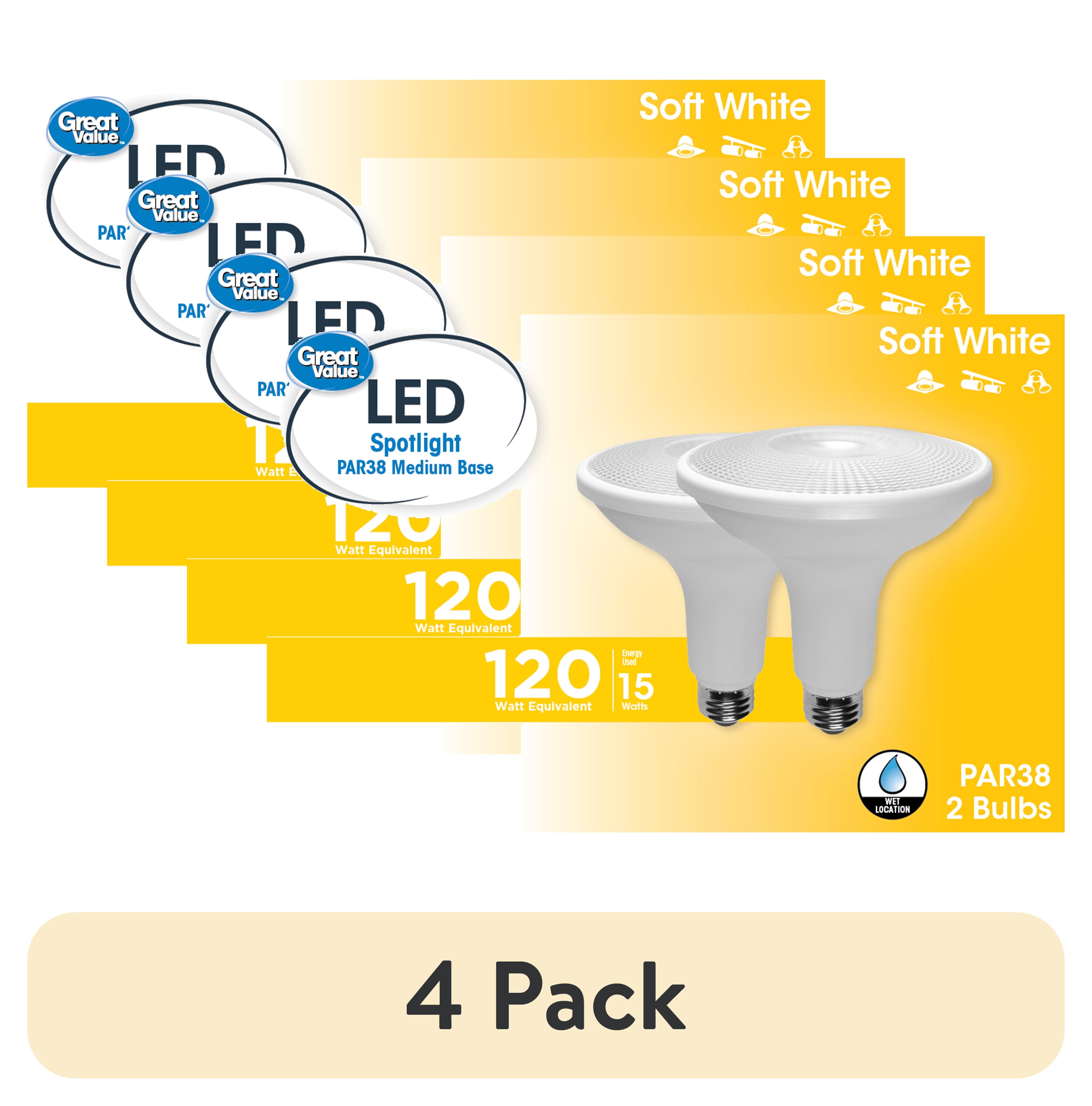 (4 pack) Great Value LED Light Bulb, 15 Watts (120W Equivalent) PAR38 Floodlight Lamp E26 Medium Base, Dimmable, Soft White, 2-Pack