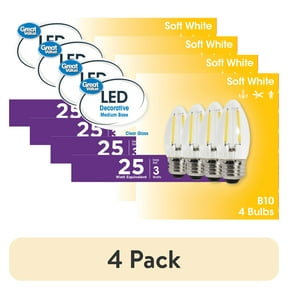 (4 pack) Great Value B10 LED 3W (25W Equivalent) Soft White E26 Medium Base Decorative Light Bulbs, Dimmable, 4 Pack
