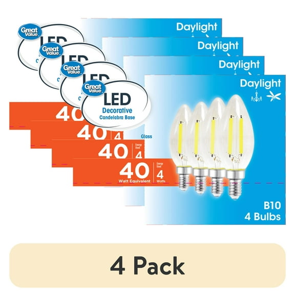 (4 pack) Great Value LED Light Bulb, 4W (40W Equivalent) B10 Deco E12 Small Base, Dimmable, Daylight, 4-Pack